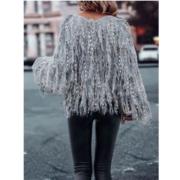 Fun Fuzzy Embellished Pullover Sweater V-Neck Grey - Picture 2 of 11